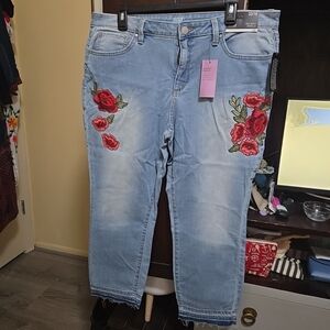 a.n.a Light Blue Ankle Jeans with Red Rose Embroidery